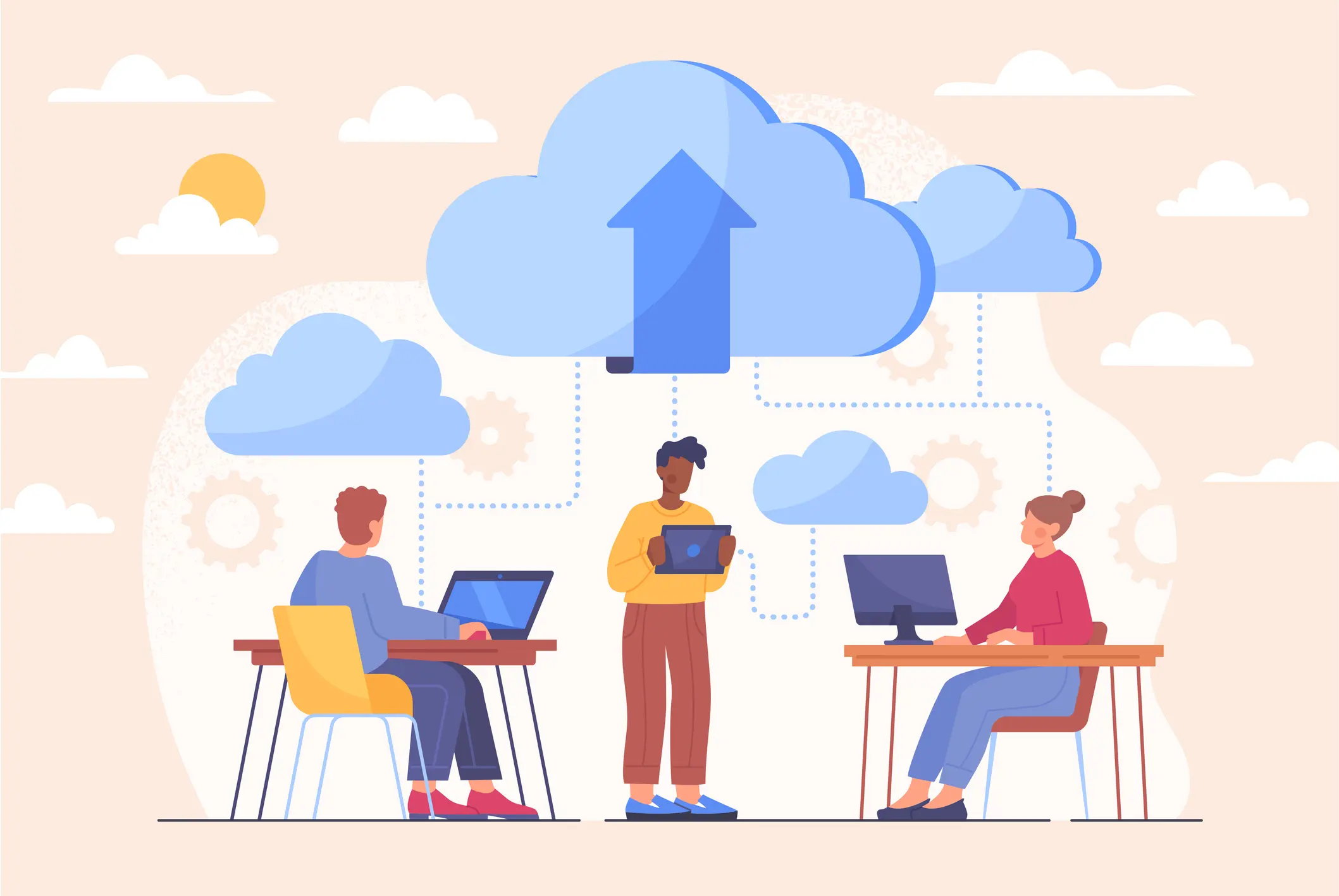 Digital teamwork with cloud upload graphics
