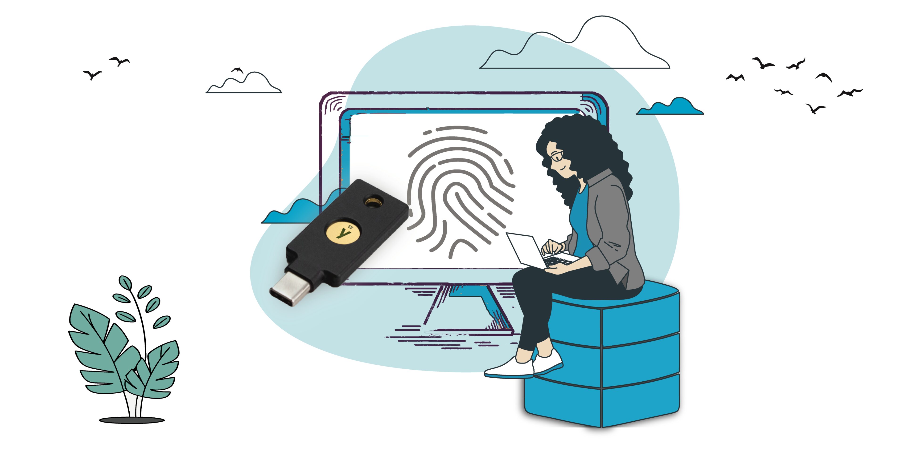 Woman with laptop, fingerprint on screen, key.